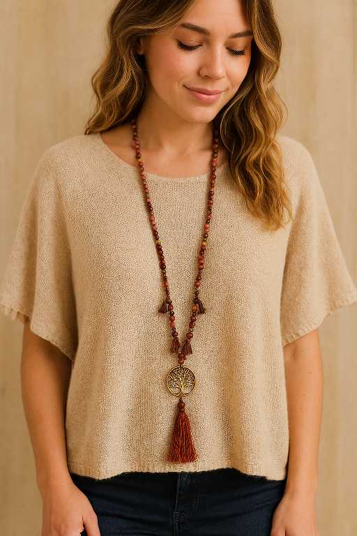 Bohemian ketting met bruine kralen, levensboom hanger en kwastje – handgemaakt – Menikleding