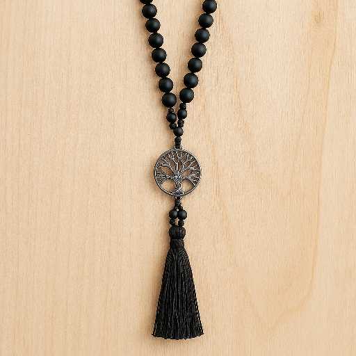 Zwarte boho mala-ketting met kralen, levensboom symbool en kwastje – Menikleding