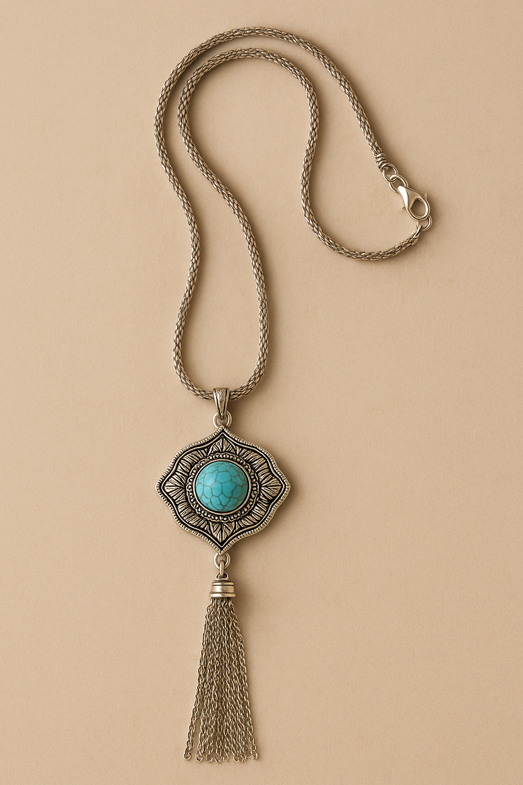 Zilverkleurige boho ketting met turquoise ronde hanger en lange franjes – handgemaakte bohemian ketting