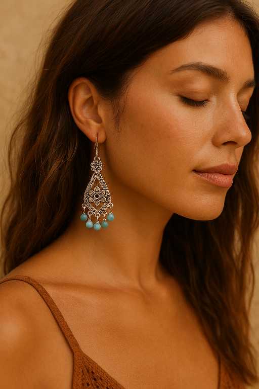 Boho mandala oorbellen met turquoise kralen en zilverkleurige hanger, gedragen door model – handmade bohemian sieraden van Menikleding