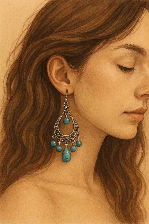 Boho oorbellen met turquoise kraal en veer, gedragen door model – handgemaakte bohemian dangle sieraden van Menikleding