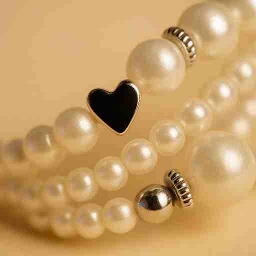 Close-up van witte parelarmband met zilverkleurig hartdetail – boho armbandenset – Menikleding