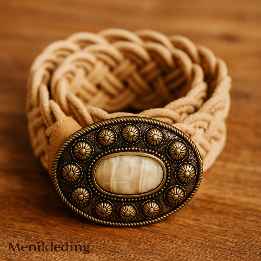 Boho gevlochten riem beige met vintage bronzen gesp en lichte natuursteen – handgemaakt – Menikleding