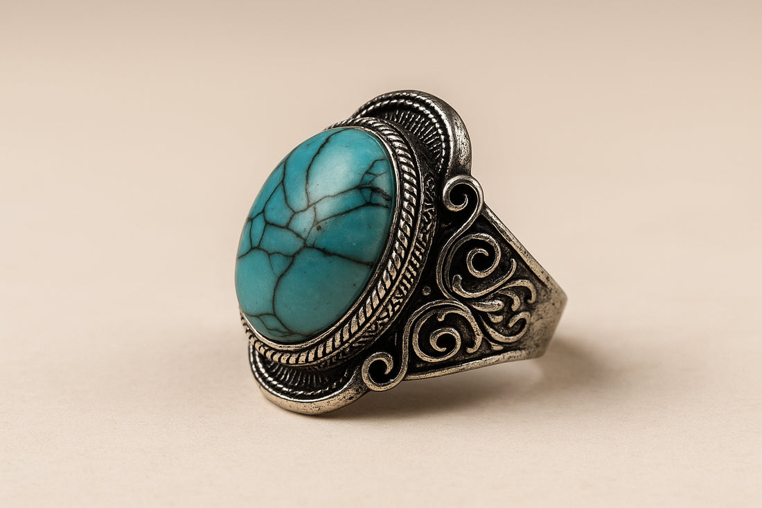 Boho ring met grote ovale turkoois steen en gedetailleerd zilverkleurig filigraan design – zijaanzicht