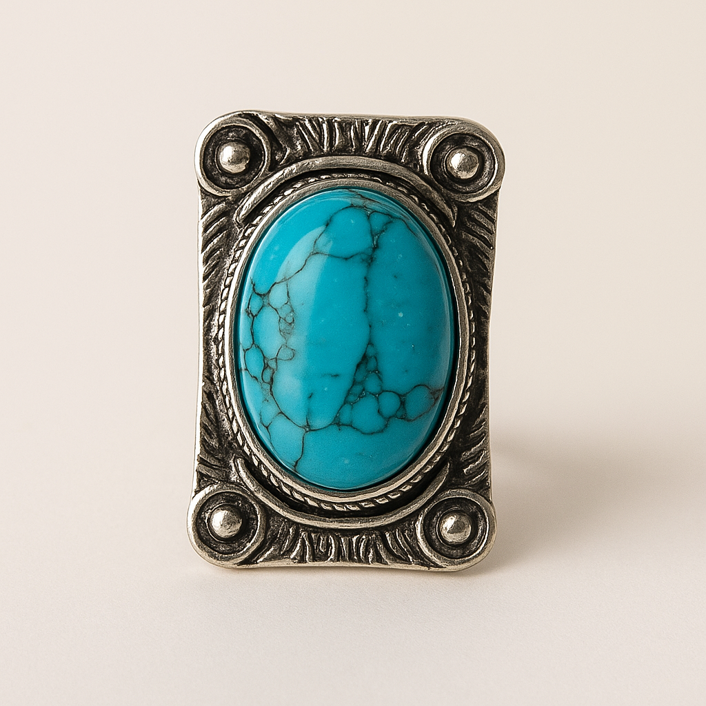 Boho ring met ovale turquoise steen in rechthoekige zilverkleurige setting – productfoto