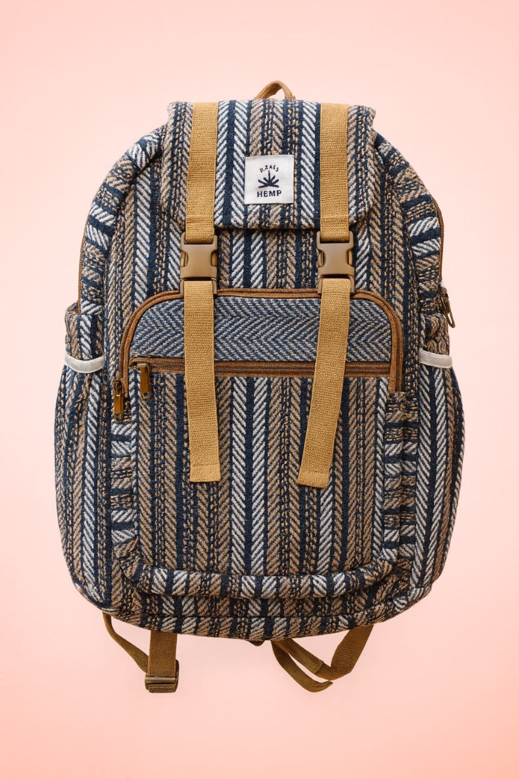 Boho rugzak hennep Nepal – handgemaakte hemp katoen backpack met blauw-bruin patroon voor dagelijks gebruik Menikleding