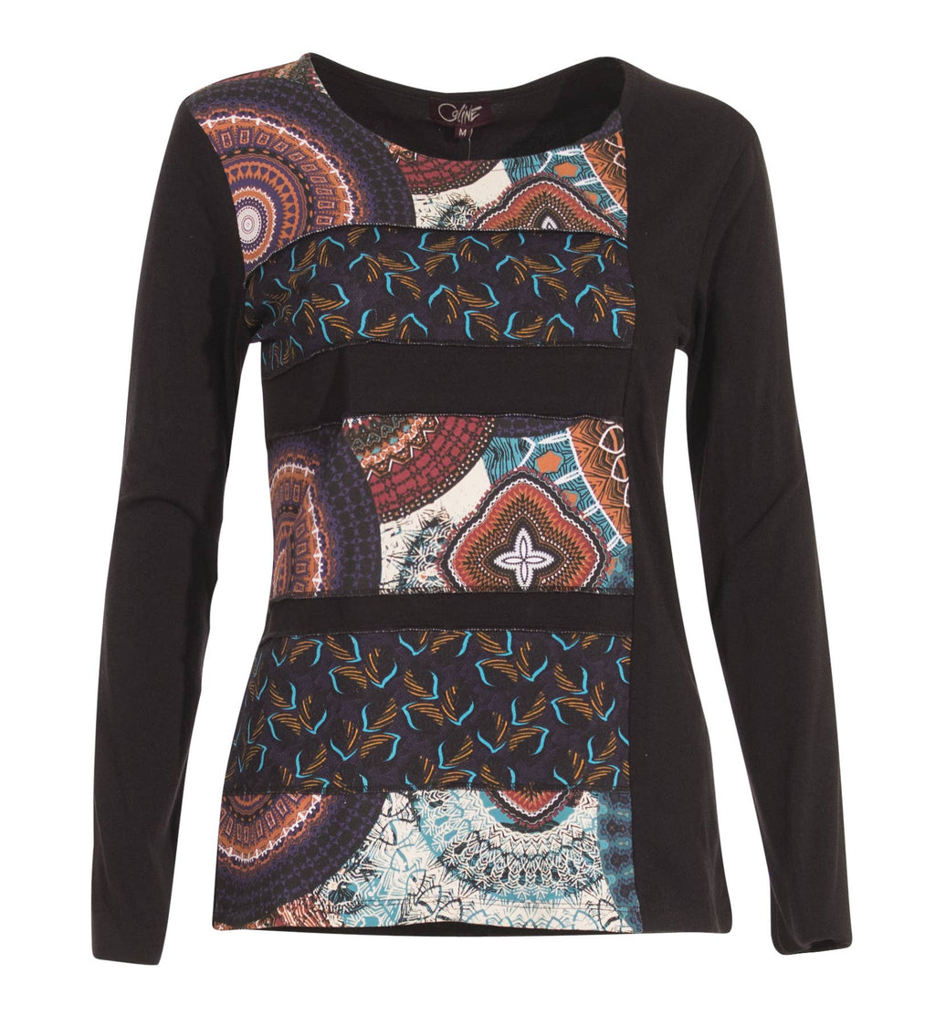 Zwarte boho top met kleurrijke etnische print aan de voorkant – Menikleding.