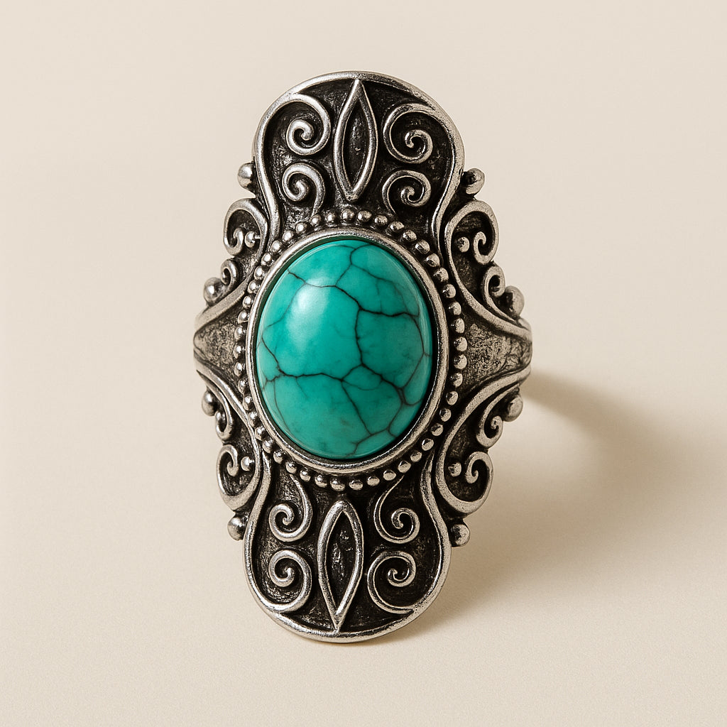 Bohemian Ring met Turquoise Steen en Filigraan Design – Vintage Zilverkleurig | Menikleding