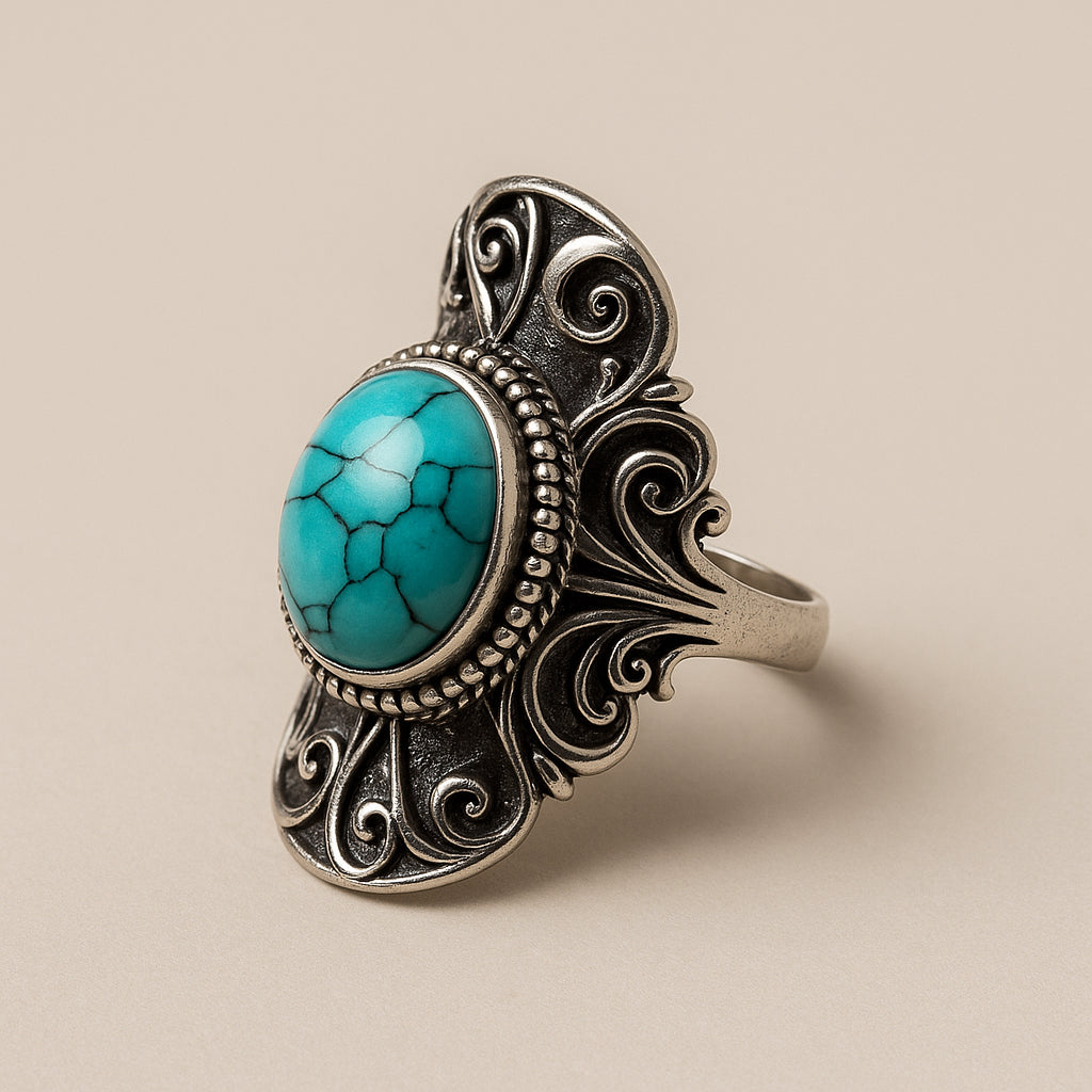 Bohemian Ring met Turquoise Steen en Filigraan Design – Vintage Zilverkleurig | Menikleding