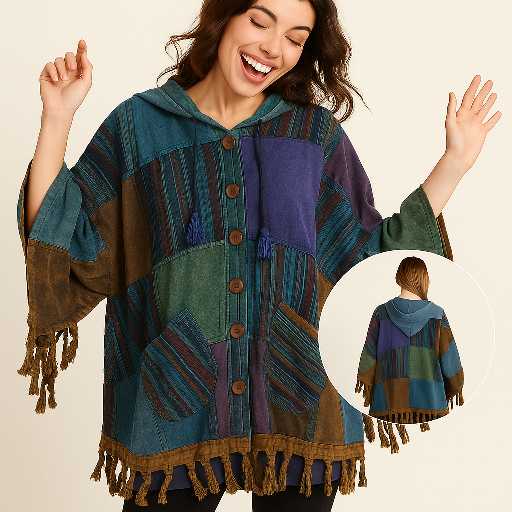 Handgemaakte boho poncho met capuchon – kleurrijk patchwork design met franjes – nepalees vakmanschap – Menikleding