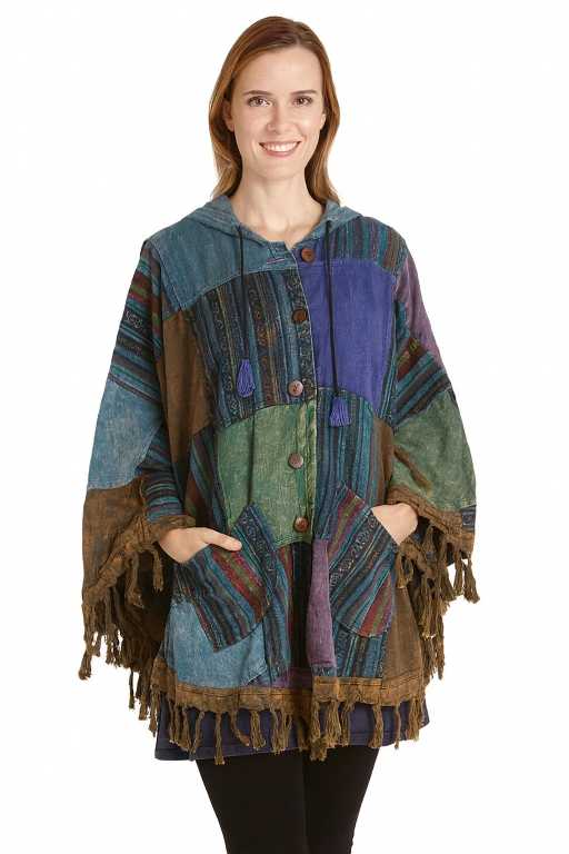 Bohemian patchwork poncho zonder capuchon – handgemaakt in Nepal – warme kleuren en franjes – Menikleding