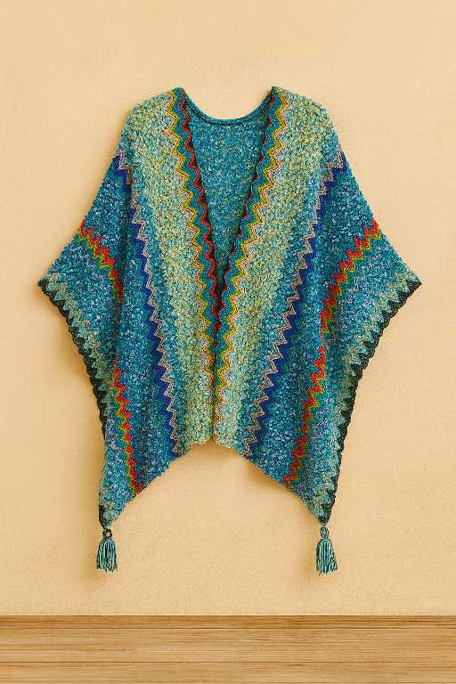 Blauwe handgemaakte boho poncho van wolmix en viscose – open gevouwen gepresenteerd – Menikleding.nl