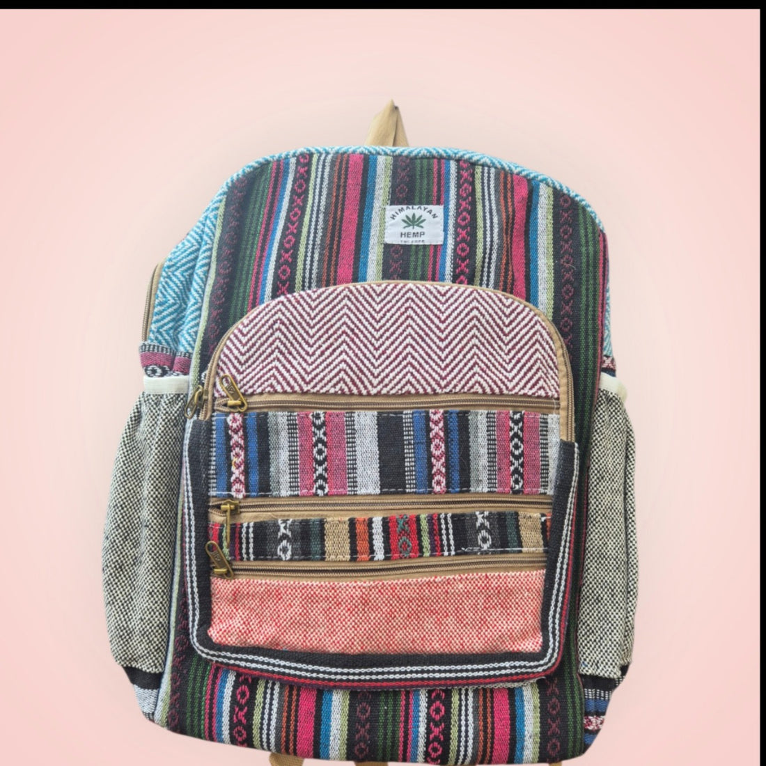 Hemp rugzak multicolor rood – handgemaakte Nepal boho backpack met tribal strepen van hennep en katoen Menikleding