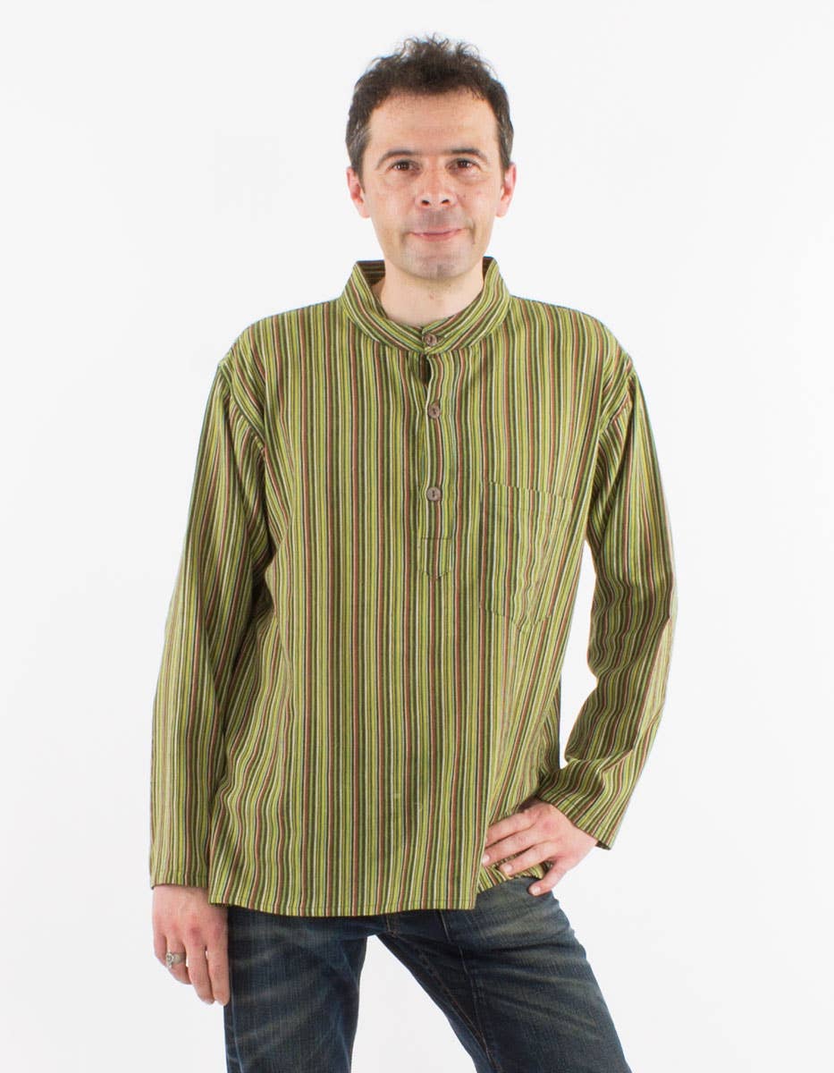 Heren boho shirt van 100% katoen met verticale strepen – voorkant.