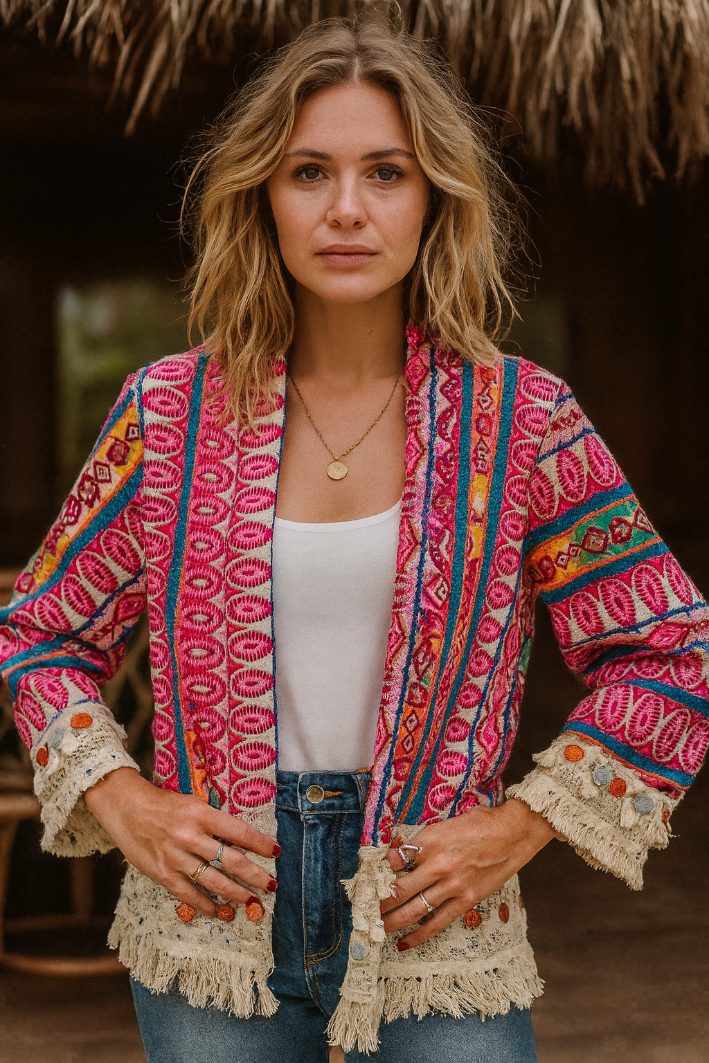 Close-up van vrouwelijk boho model met kleurrijk Ibiza jasje met franjes.
