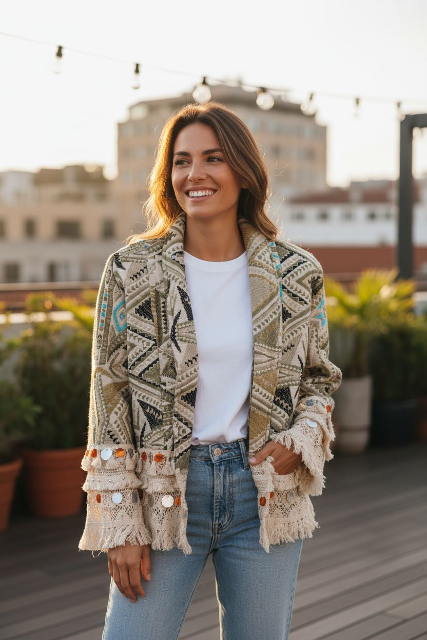 Vrouwelijk model draagt Ibiza jasje bohemian look