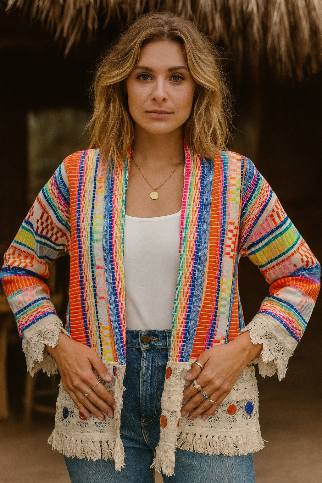 Kleurrijk boho Ibiza jasje met franjes en handgeweven patronen in een natuurlijke setting.
