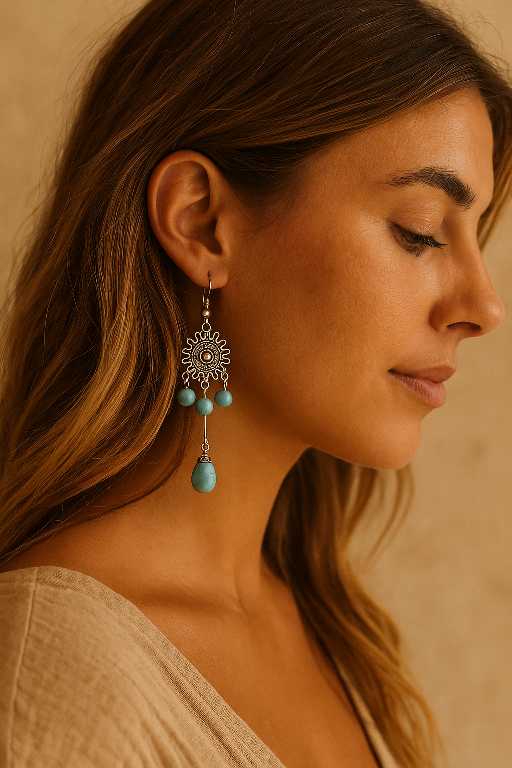 Model draagt mandala zonne oorbel met turquoise kralen – boho stijl – Menikleding