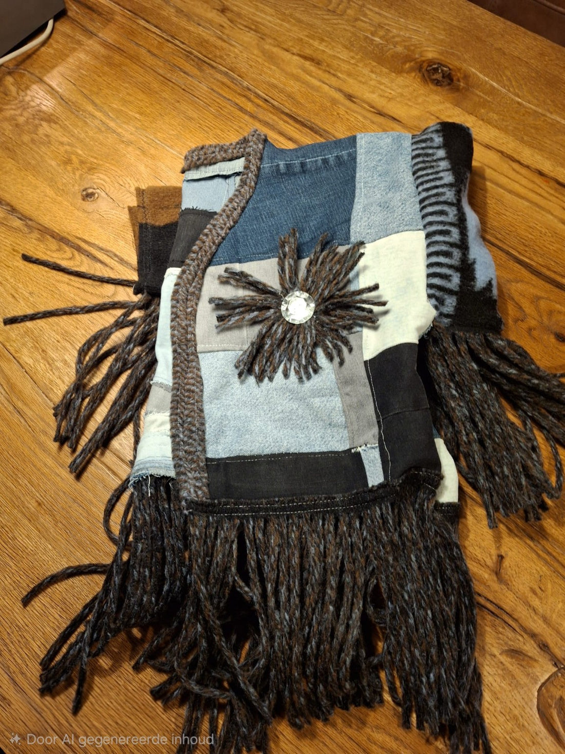 Detail van handgemaakt boho patchwork vest met denim vlakken en wollen bloemapplicatie. Upcycled materialen – Menikleding.