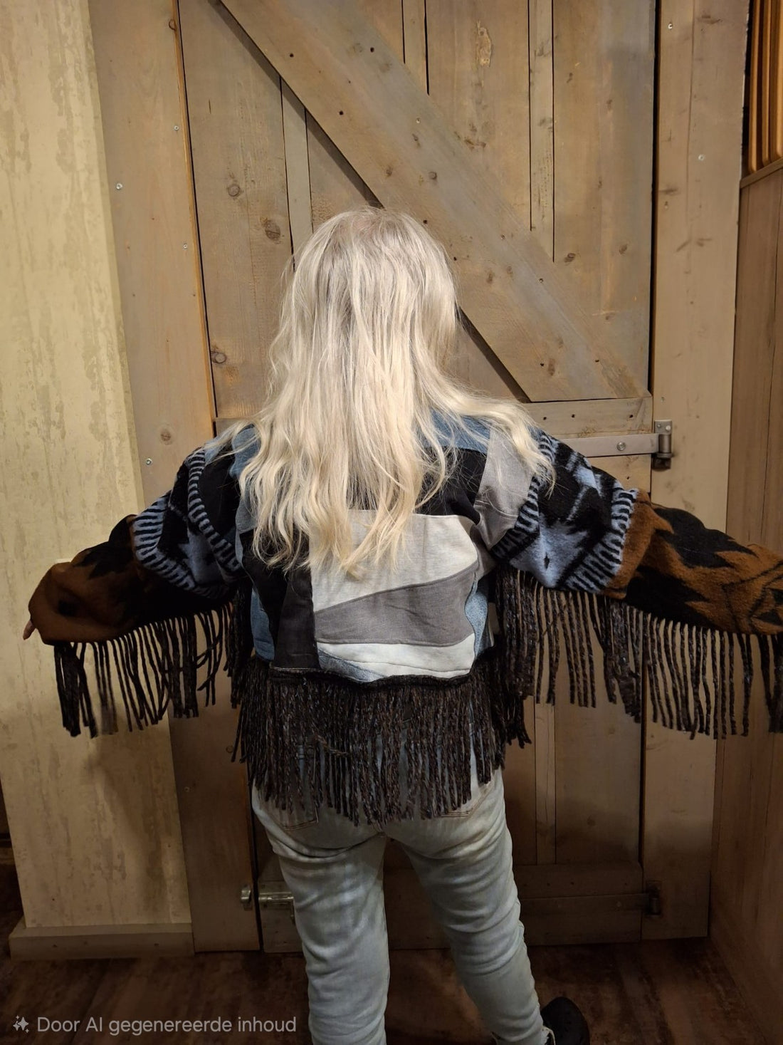 Boho patchwork vest met lange fringe aan mouwen en zoom, achterkant volledig zichtbaar. Upcycled denim & wollen patronen – Menikleding.