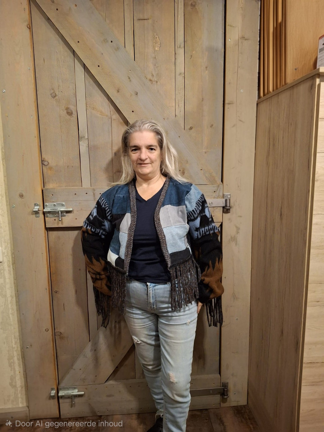 Handgemaakt boho fringe vest van upcycled denim en wol, gedragen door model. Patchwork voorzijde met bruine en blauwe accenten – Menikleding.