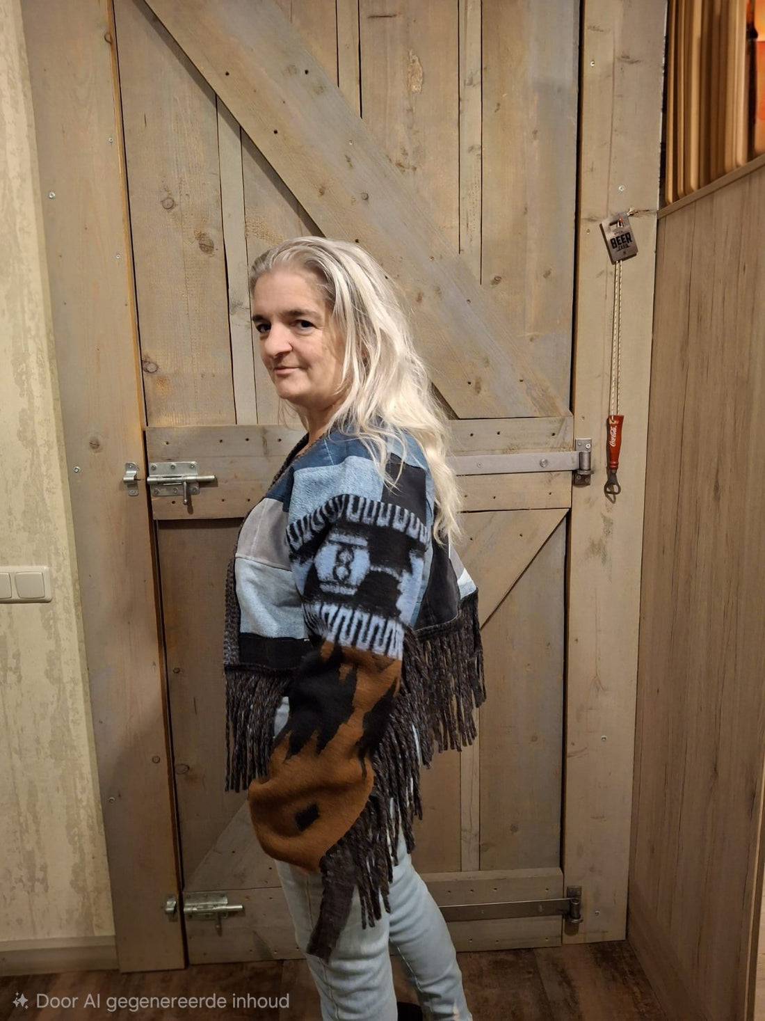 Half zijaanzicht van boho fringe vest met contrasterende mouwen en patchwork denim body. Handgemaakt en uniek – Menikleding.