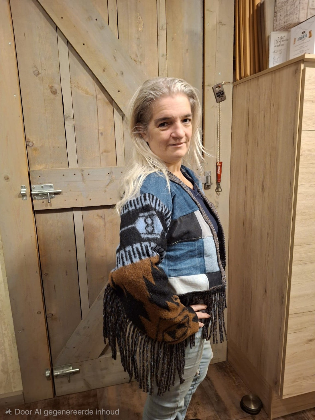 Zijaanzicht van boho fringe vest met patchwork denim en bruin zwarte wollen mouw. Handgemaakt uit upcycled materialen – Menikleding