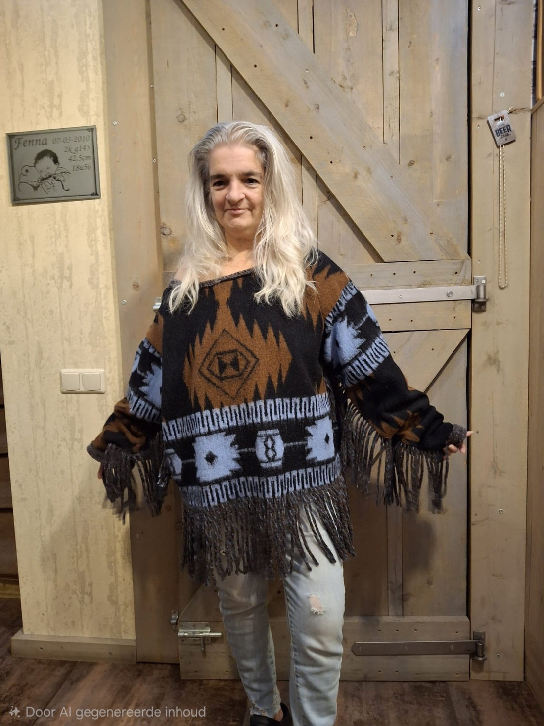 Handgemaakte boho fringe sweater met brede Aztec print, gedragen met armen gespreid om details te tonen – Menikleding atelier