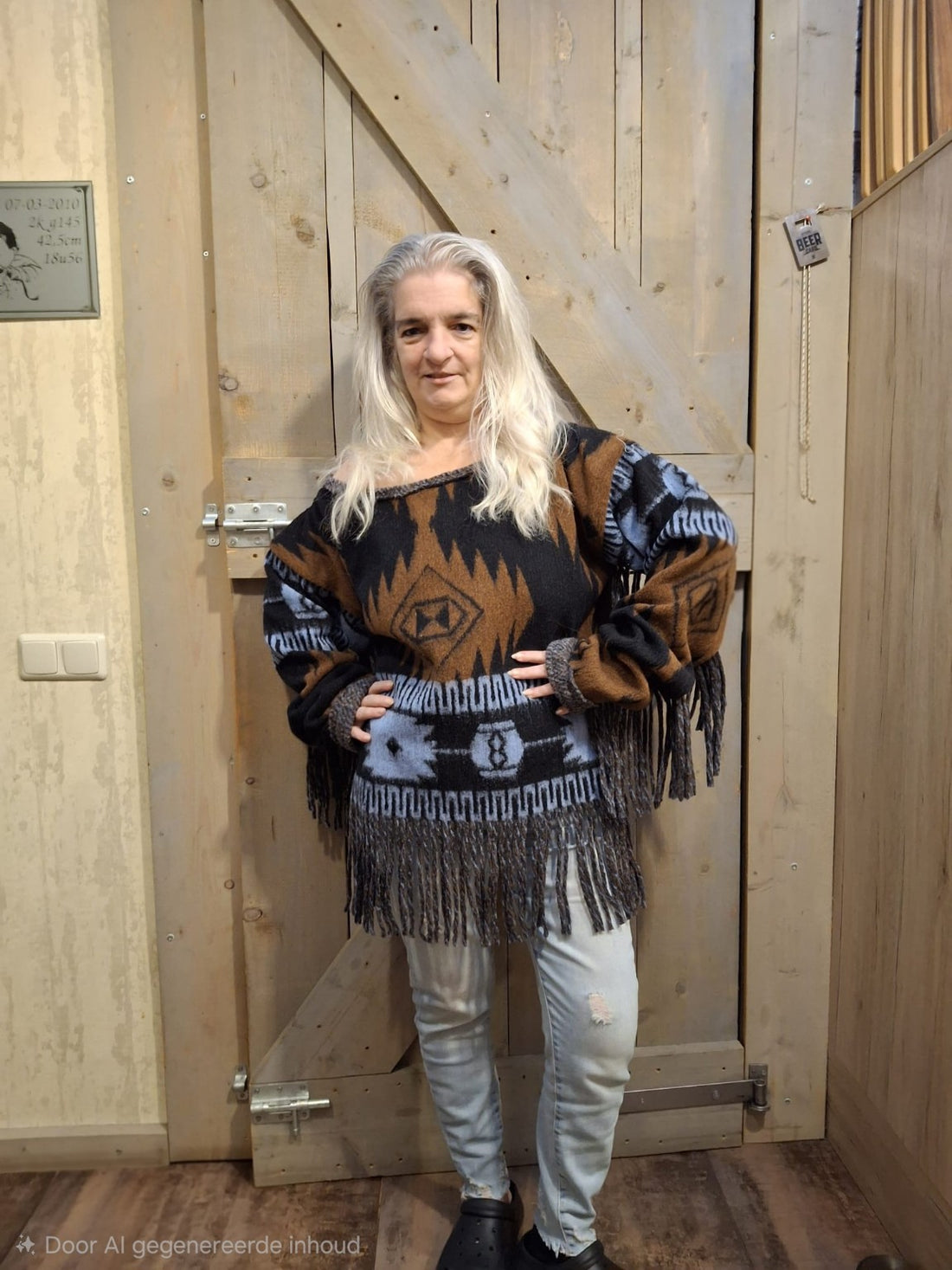 Handgemaakte boho fringe sweater in bruin-zwart patroon met franjes – voorkant gedragen door model – Menikleding atelier
