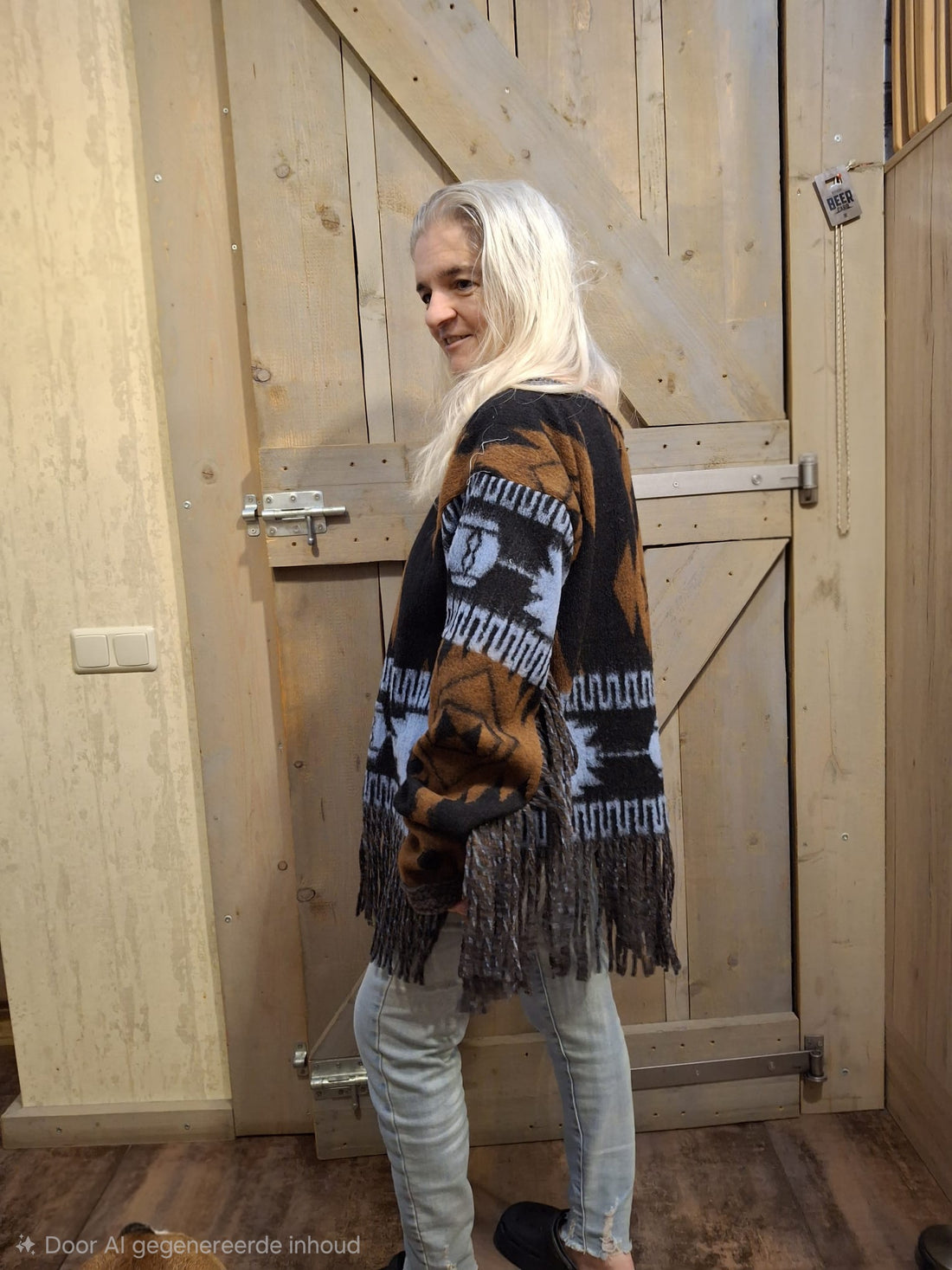 Handgemaakte boho fringe sweater met Aztec print en franjes – zijaanzicht voor pasvormweergave – Menikleding atelier