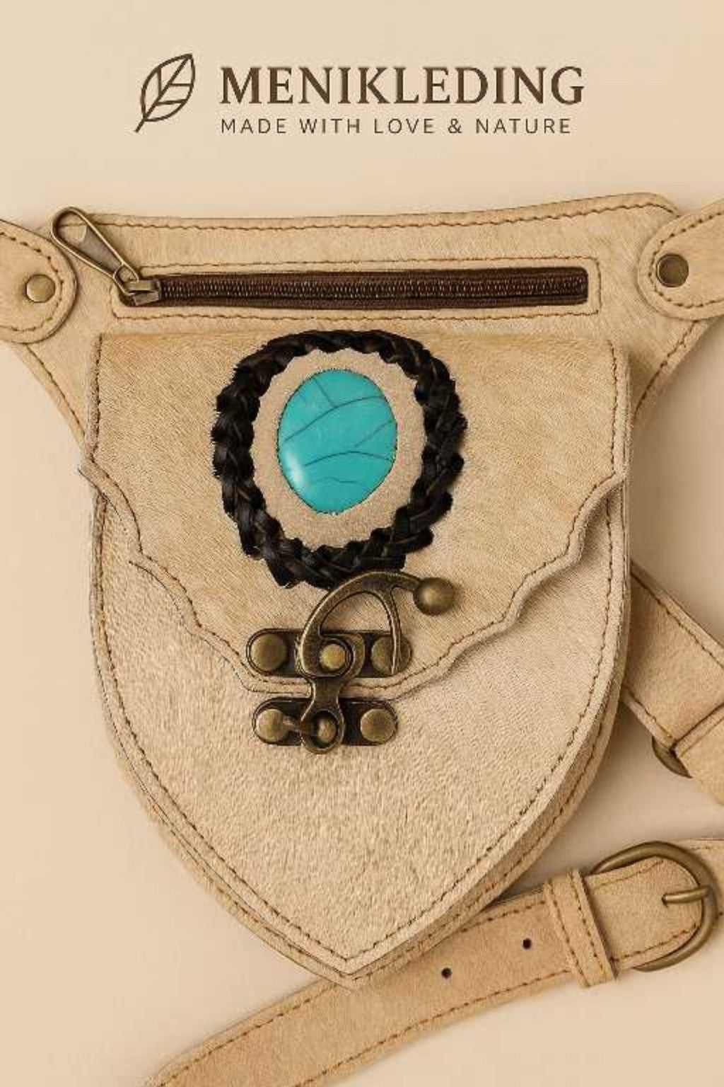 Boho heuptasje beige met turquoise steen, handmade koeienleer – Menikleding