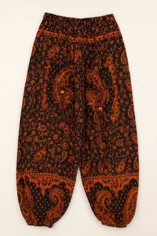 Boho harem broek oranje met zwarte paisley print – zachte viscose unisex broek | Menikleding