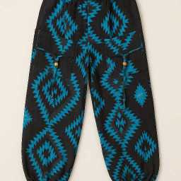 Boho harem broek zwart met turquoise Aztec print – unisex wolmix broek handmade in Nepal | Menikleding