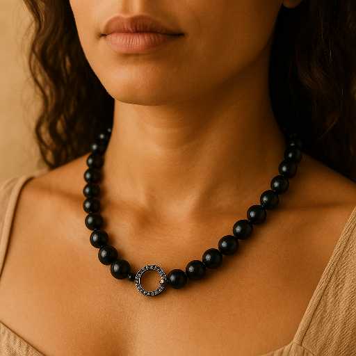 Vrouwelijk model met zwarte kralenketting en ronde hanger – elegante boho look – Menikleding.nl