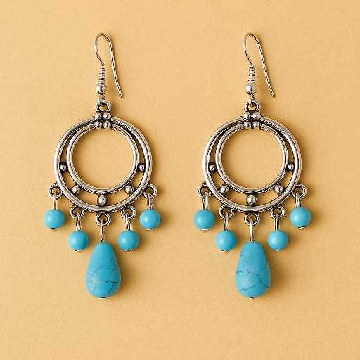 Boho oorbellen met zilverkleurige cirkel, turquoise kralen en druppelvormige hanger – handgemaakt – Menikleding.