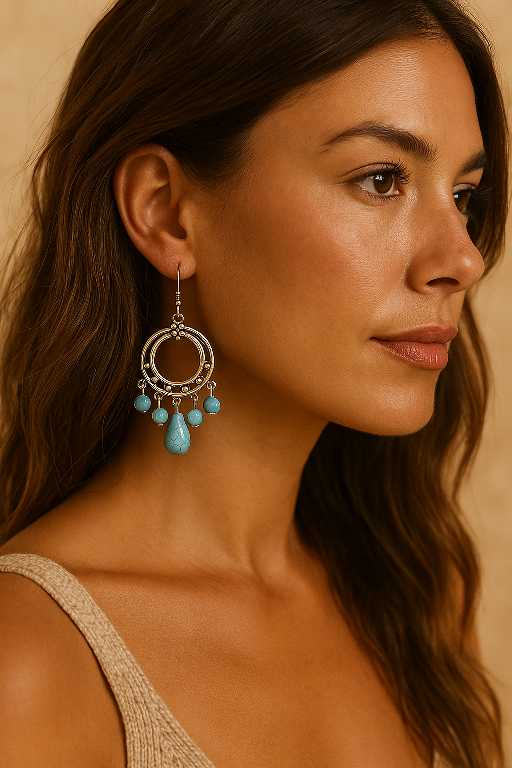 Vrouwelijk model met boho oorbellen in cirkelvorm, zilverkleurig met turquoise kralen en druppel – Menikleding.