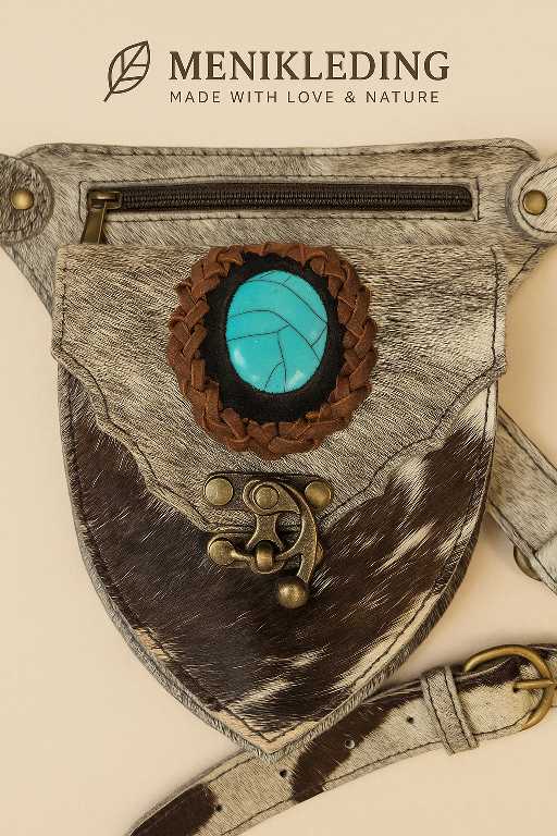 Handgemaakt Leren Heuptasje met Turquoise Steen – Boho Stijl | Menikleding