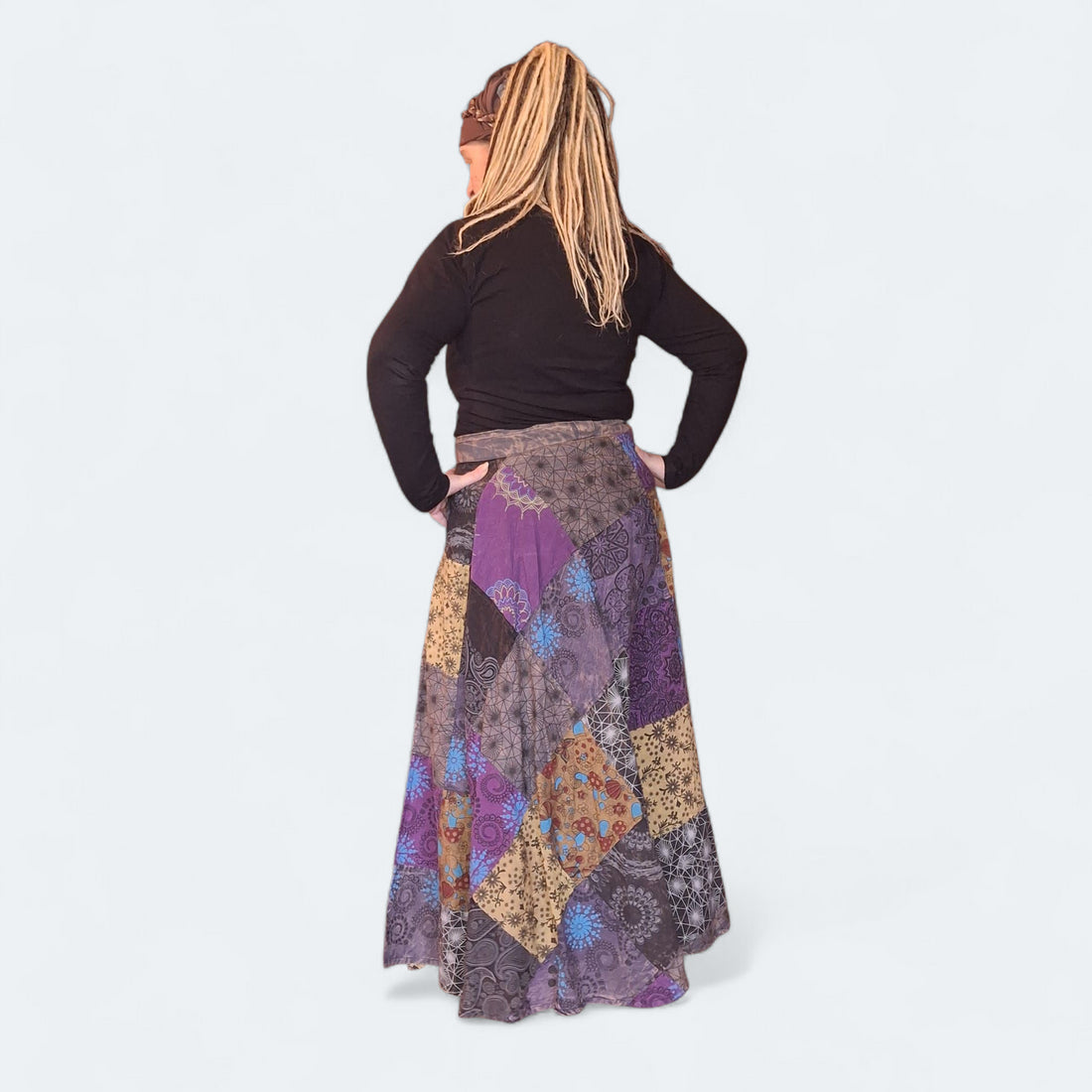Lange patchwork rok achterkant - bohemian maxi rok multicolor mandala print