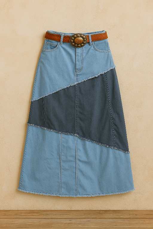 Handgemaakte patchwork denimrok in denim blue mix met frayed naden en elastische taille – duurzame boho stijl van Menikleding.