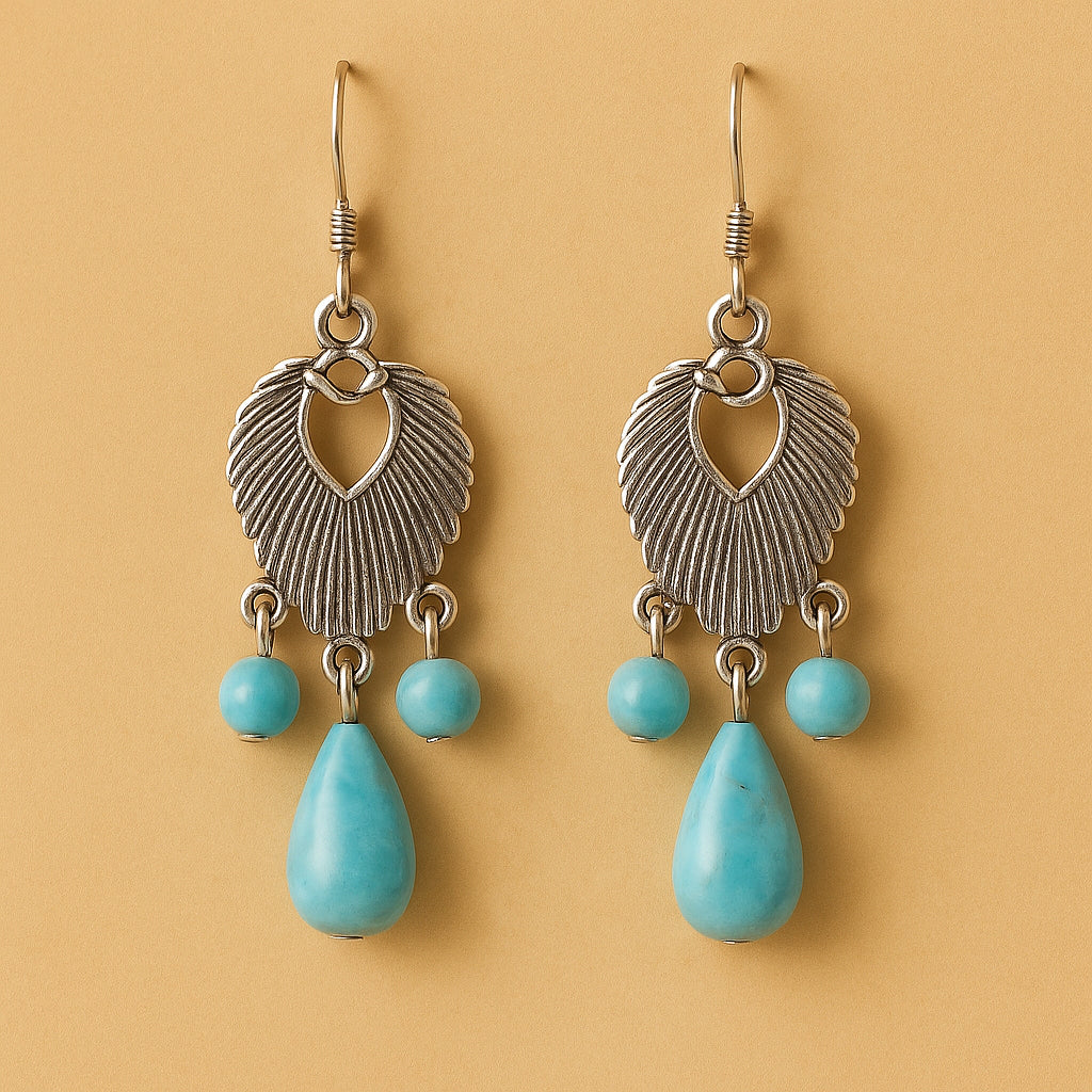 Boho Oorbellen met Turquoise Steen – Zilverkleurige Dangle | Menikleding