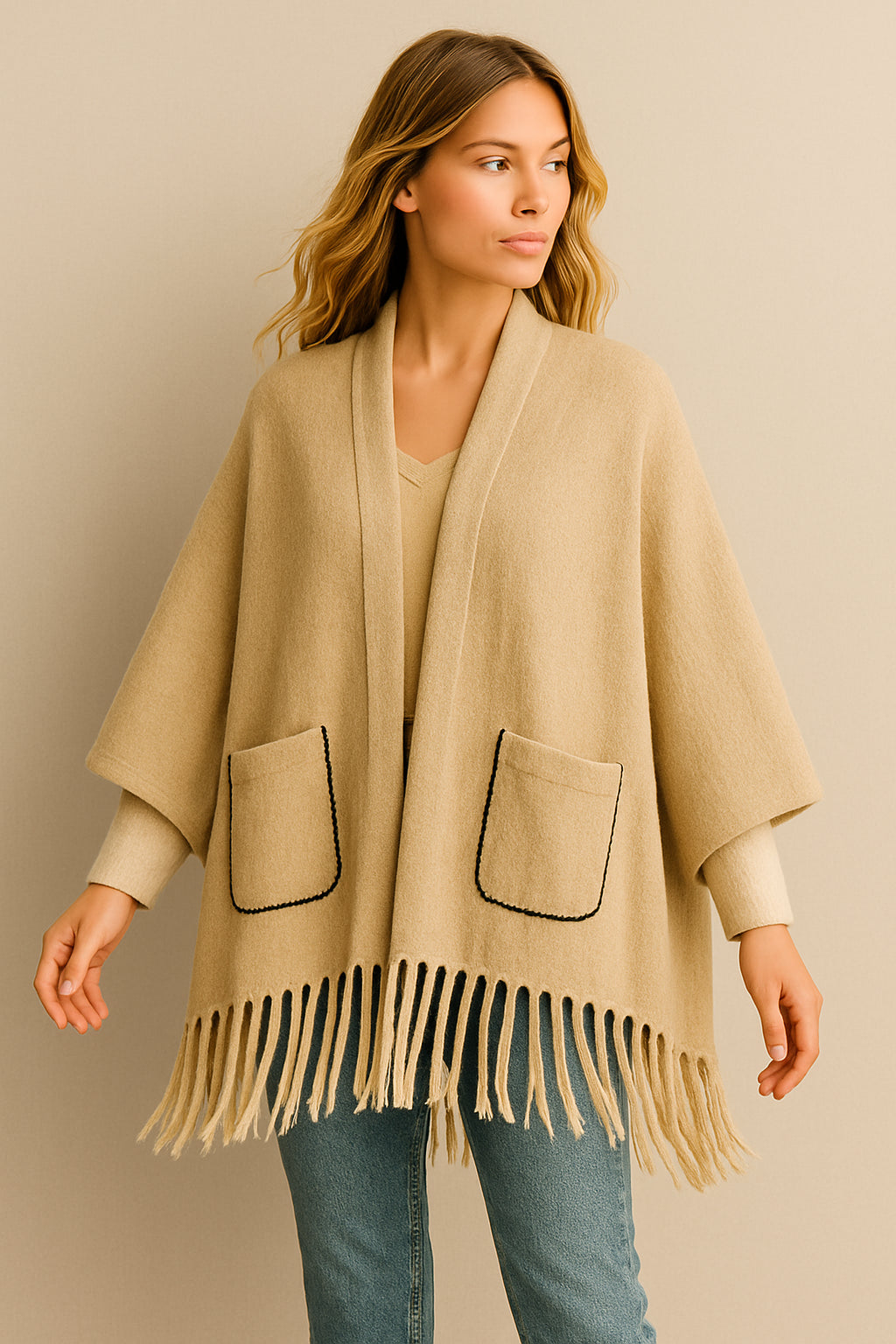 Beige Boho Poncho met Crèmekleurige Mouweinden – Handgemaakt & Zachte Stof | Menikleding