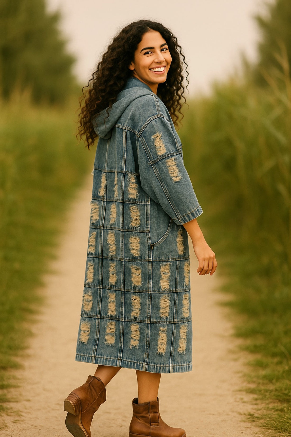 Lange Boho Spijkerjas met Capuchon – Handmade in Nepal | Menikleding