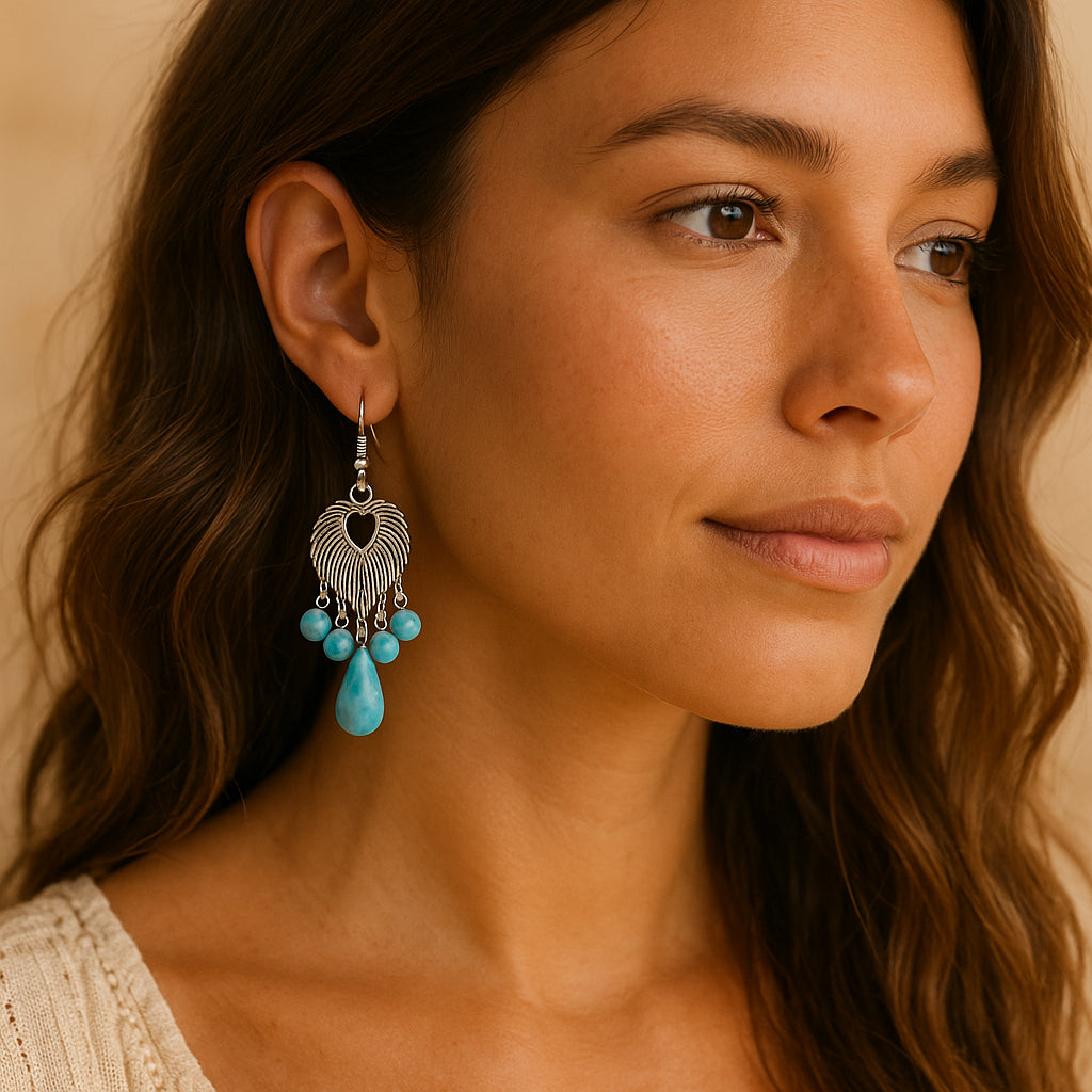 Boho Oorbellen met Turquoise Steen – Zilverkleurige Dangle | Menikleding