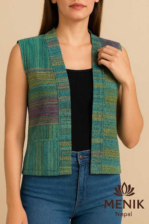 “Handgemaakt patchwork hesje in blauw-groene tinten, open model met Nepalese weefstructuur – Menikleding