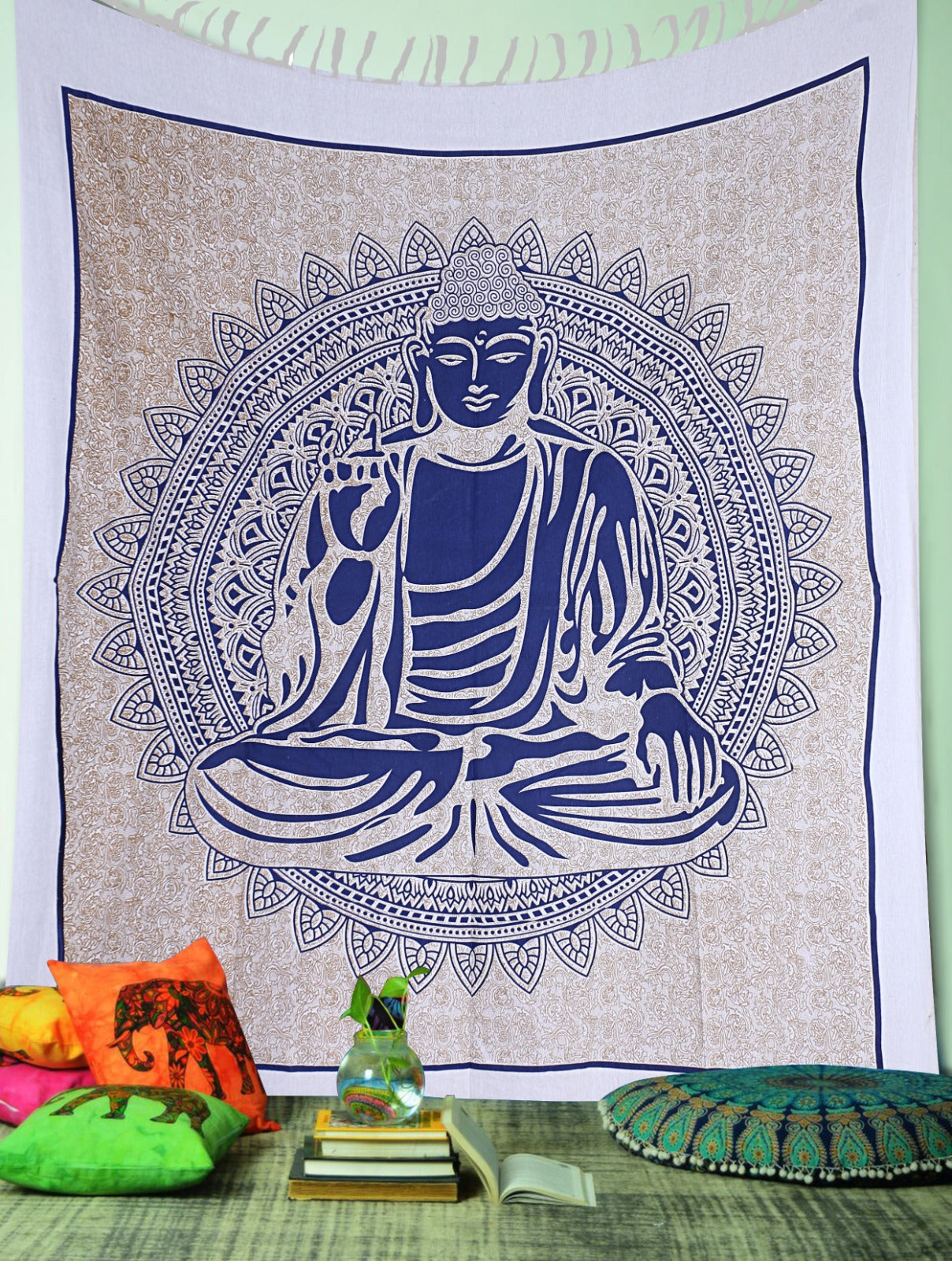 Boeddha wandkleed blauw wit - bohemian tapestry met mandala print