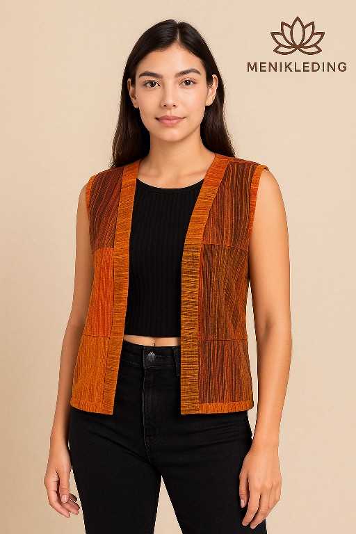 Patchwork hesje in warme oranje-bruine tinten met handgeweven strepen, boho stijl – Menikleding.