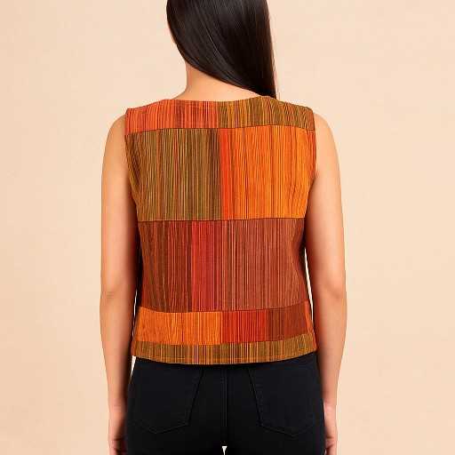 Achterzijde van oranje-bruin patchwork hesje, handgemaakt in Nepal, natuurlijke katoenen stof – Menikleding