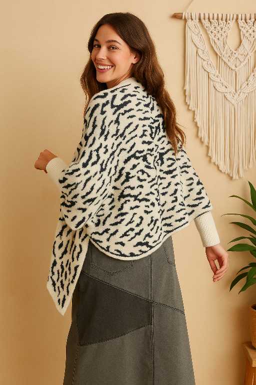 Boho Poncho met Zwart-Beige Dierenprint en Franjes – Zachte Warme Stof | Menikleding