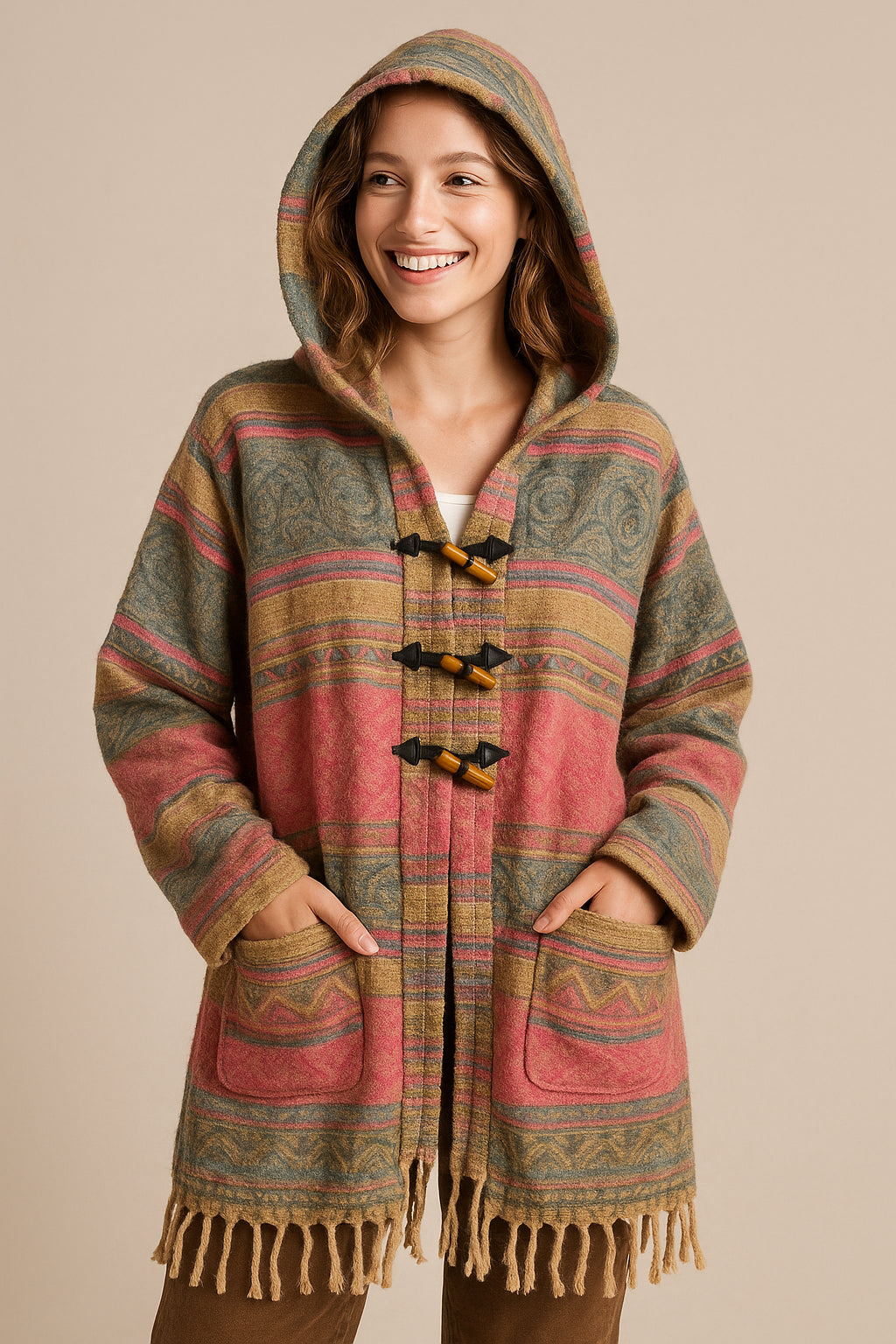 Menikleding-Poncho-Roze-Groen-Strepen-Gesloten.jpg	Boho poncho in roze-groene strepen met houten sluiting en franjes – handmade in Nepal – Menikleding