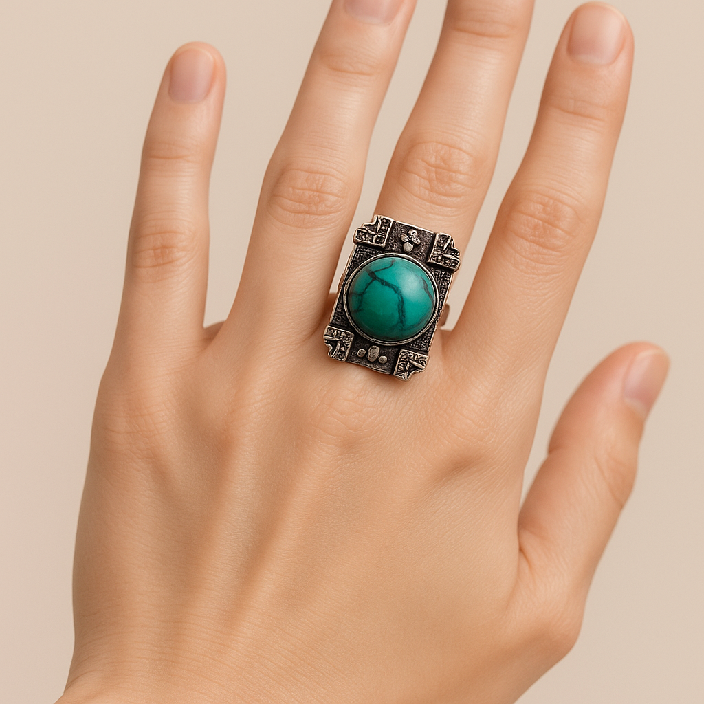 Bohemian Ring met Turquoise Steen – Rechthoekig Vintage Design | Menikleding